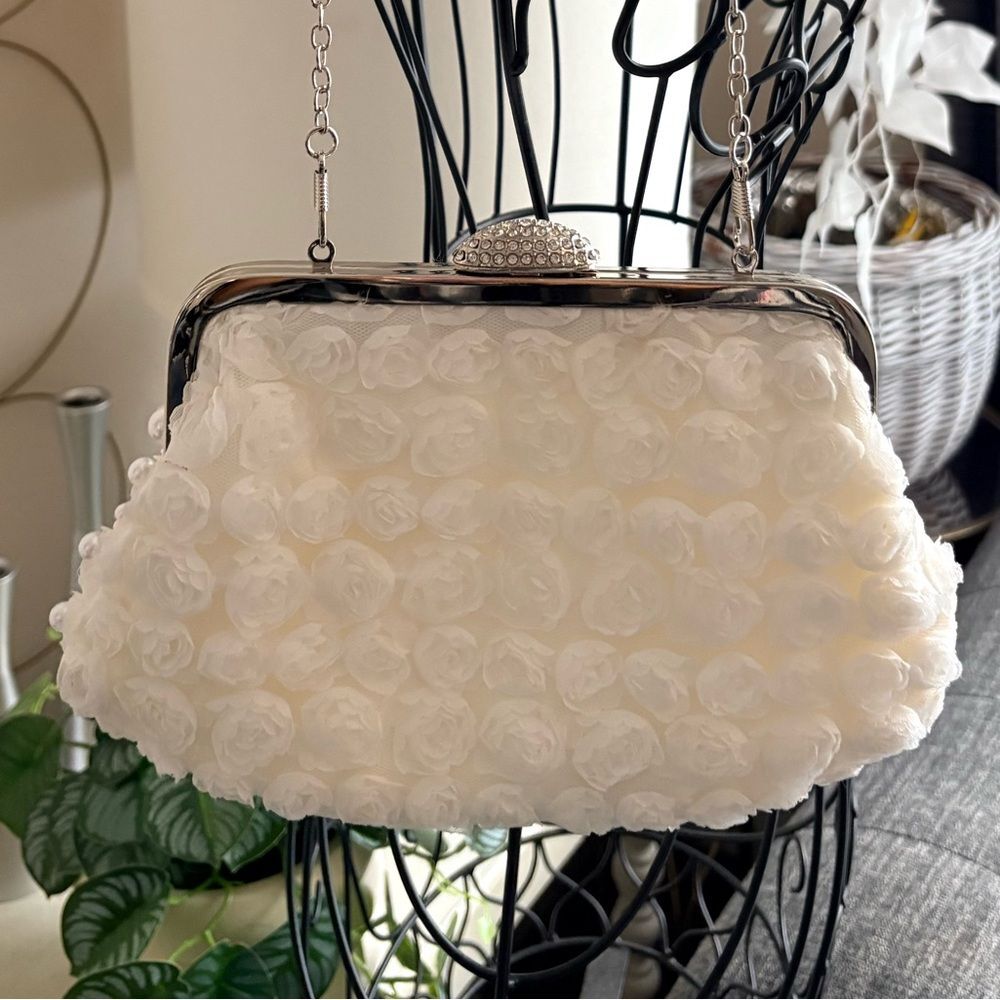 White Tulle Rosette Pearl Embellished Cocktail Chain Purse - Picture 7 of 10